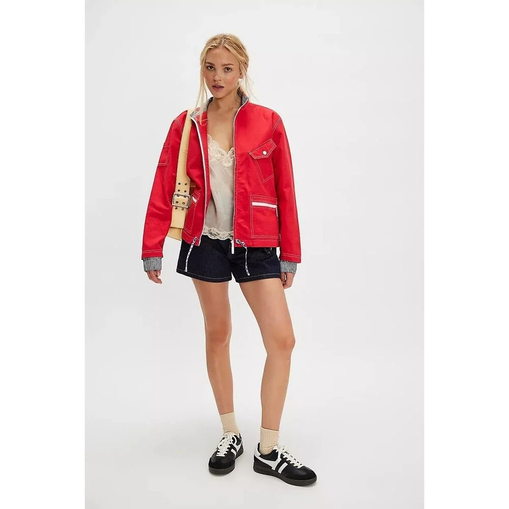 Free People We The Free Top Down Jacket Drawcord Red Cotton Zipup XS New 285696
